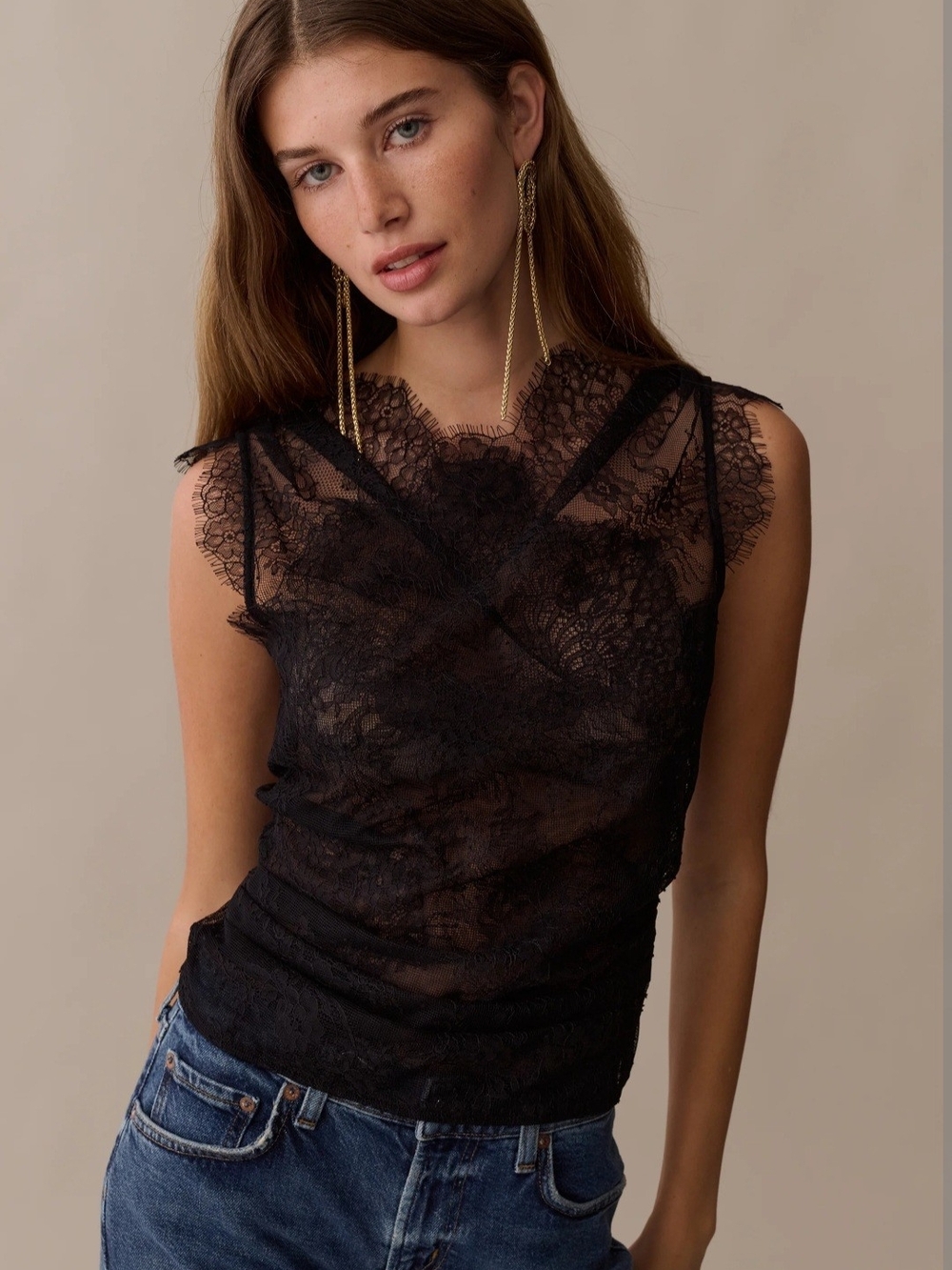 Few Moda Sleeveless Black Lace Sheer Top